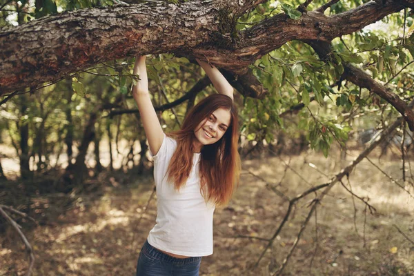Csinos nő ül egy fa mellett természet Életmód nyár — Stock Fotó