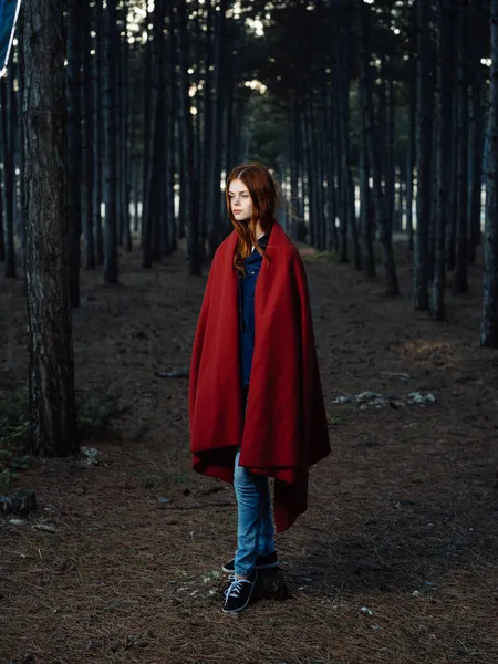 Μια γυναίκα στο δάσος σκεπασμένη με μια κόκκινη κουβέρτα περπατά καθαρός αέρας. — Φωτογραφία Αρχείου