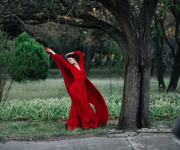 Femme en robe rouge posant arbre de la nature de mode — Photo