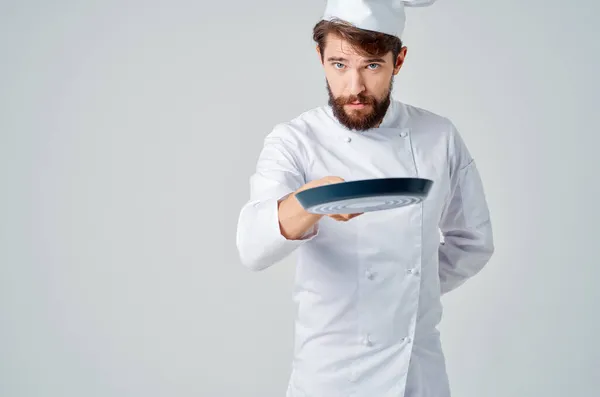 Uomo Uniforme Chef Con Cottura Padella — Foto Stock