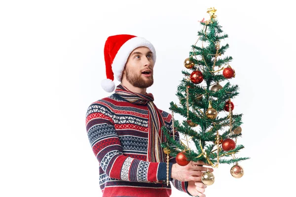 Homem bonito com uma árvore em suas mãos ornamentos férias divertido estúdio posando — Fotografia de Stock