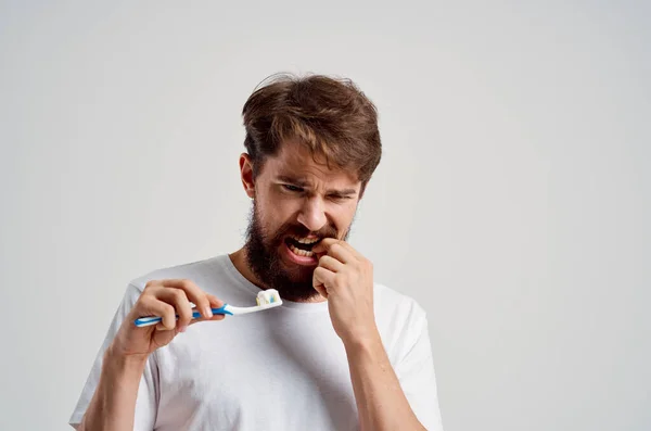Bearded man hygiene toothpaste morning isolated background — Stock Photo, Image