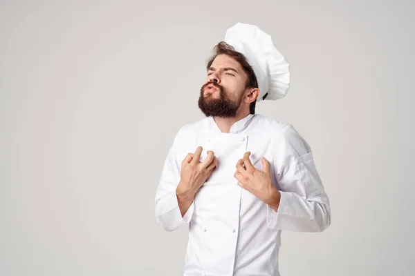 Chef keuken Job hand gebaren geïsoleerde achtergrond — Stockfoto