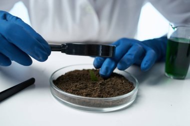 Laboratuvar asistanı kimyasal çözümler biyolog araştırma ışık arka planı