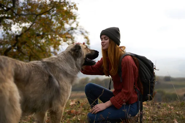 Mulher brincando com cão ao ar livre viagem amizade juntos — Fotografia de Stock
