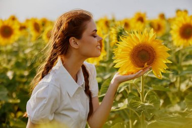 İki örgülü kadın ayçiçeği tarlasına bakıyor. Çiçek açan bitkiler.