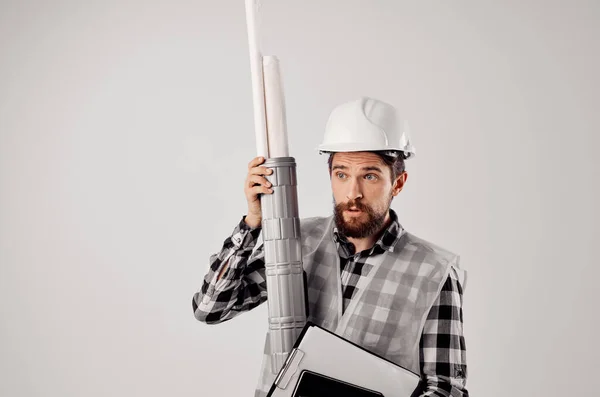 Constructor masculino construcción trabajo diseño profesión aislado fondo — Foto de Stock