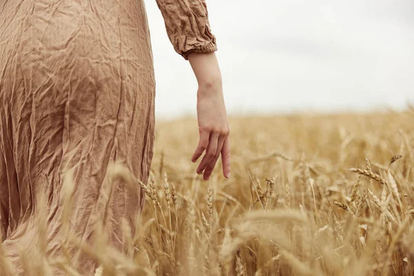 이른 여름 수확 때밀 이 잘 익는 것을 걱정하는 농부에게 손을 얹는 여자 — 스톡 사진