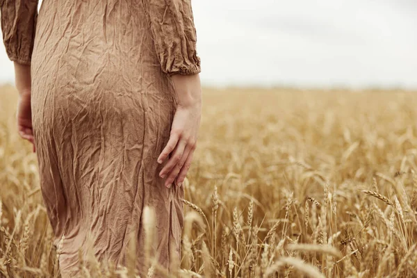 이른 여름에 끝없는 밭에서 밀 이 잘 익는 것을 걱정하는 농부에게 손을 얹는 여자 — 스톡 사진