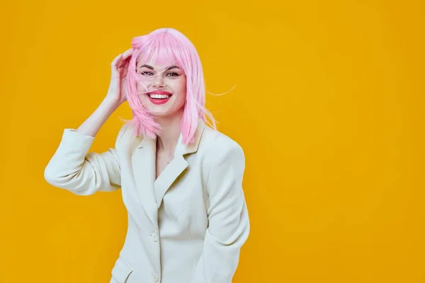 Woman with pink hair in jacket posing isolated background — Stock Photo, Image