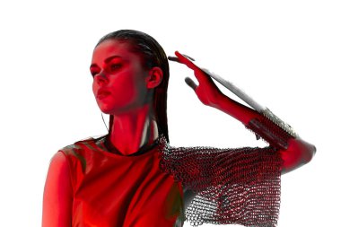 Zırhlı zırhlı güzel bir kadın. Posta koruması. Yaşam tarzı değişmemiş.