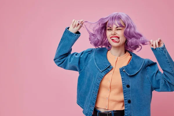 Positive young woman in denim jacket purple hair glamor makeup studio model unaltered — Stock Photo, Image