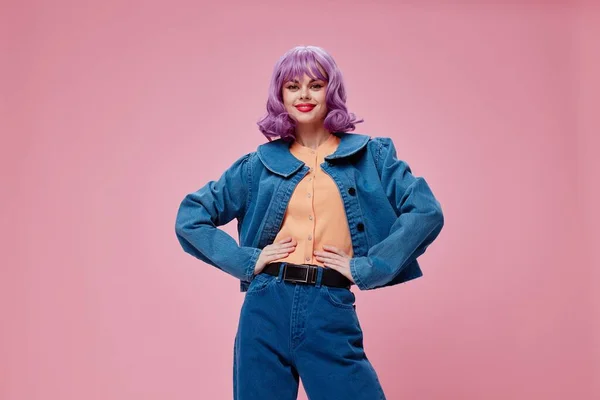 Pretty young female in denim jacket purple hair glamor makeup color background unaltered — Stockfoto