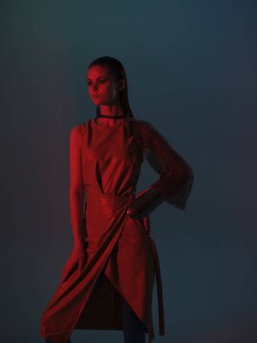 Zırhlı zırhlı çekici bir kadın. Posta koruması değiştirilmemiş.