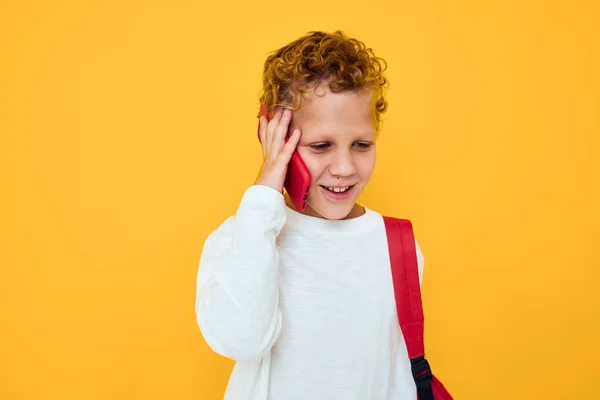 Joyful schoolboy use the phone education kids lifestyle isolated background — Fotografia de Stock