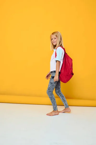 Portrait of cute girls stylish clothes red backpack education concept — ストック写真