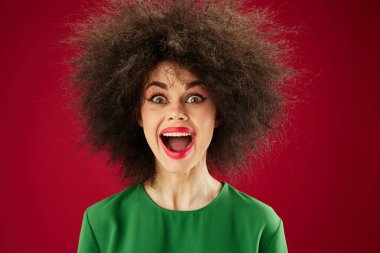 Çekici bir kadının portresi, afro saç stili, kırmızı dudaklar. Arka plan değişmemiş.