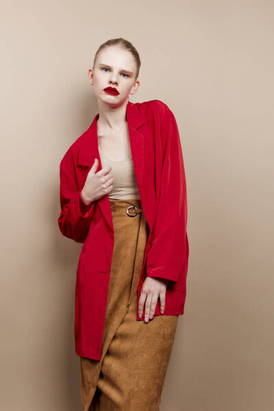 pretty woman makeup in red jacket studio model unaltered