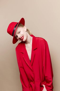 glamorous woman red lips fashion jacket cosmetics studio model unaltered