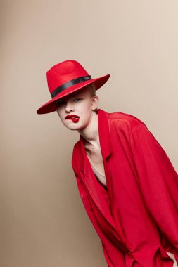glamorous woman red lips fashion jacket cosmetics studio model unaltered