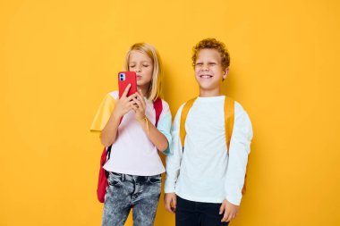 Portrait of his he her she phone selfie grimace fun Studio education concept