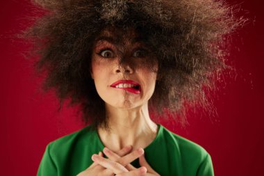 Çekici bir kadının portresi, afro saç stili, kırmızı dudaklar. Arka plan değişmemiş.