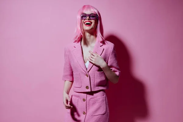 Portrait of a charming lady gesturing with hands pink jacket lifestyle glamor Studio Model unaltered — Stock Fotó