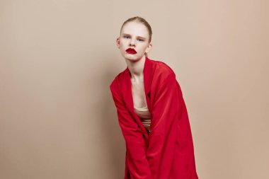 portrait of a woman red lips fashion jacket studio model unaltered