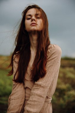 woman long hair dresses charm outdoors supply unaltered