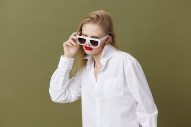 glamorous woman fashion white shirt sunglasses isolated background