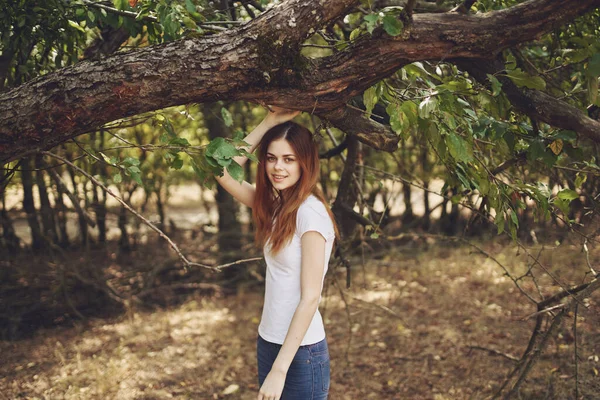 Woman in a t-shirt and jeans stands near a tree with green leaves on nature in a park — Stock Photo, Image