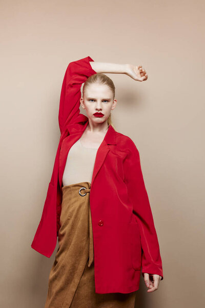woman red lips fashion jacket studio model unaltered