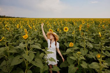 Beyaz elbiseli, at kuyruklu bir kadın yaz zamanı ayçiçeği tarlasında yürüyor.