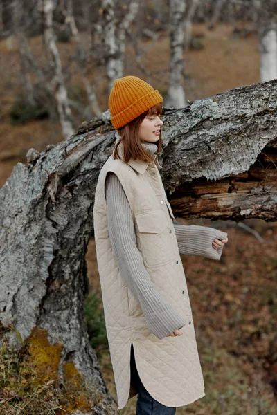 Genç bir kadın, bir sonbahar ağacının yanında duruyor. Temiz hava. — Stok fotoğraf