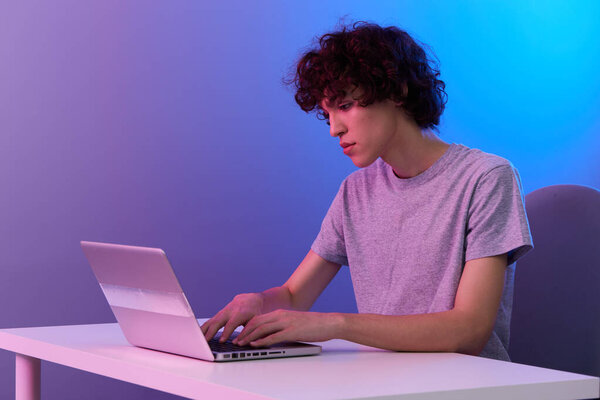 Curly Guy Front Laptop Lifestyle Technology High Quality Photo Stock Picture