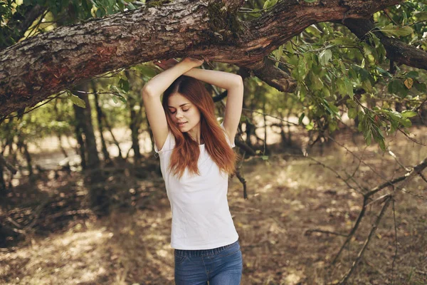 Kvinna vidröra träd gren med händerna på naturen i trädgården sommar livsstil och frisk luft — Stockfoto