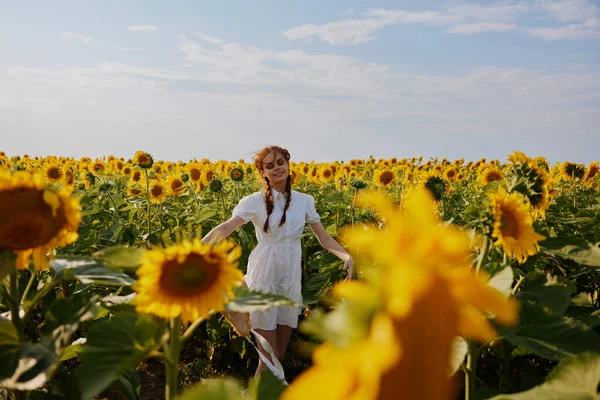 Женщина с косичками в поле с цветущими цветами подсолнухов — стоковое фото
