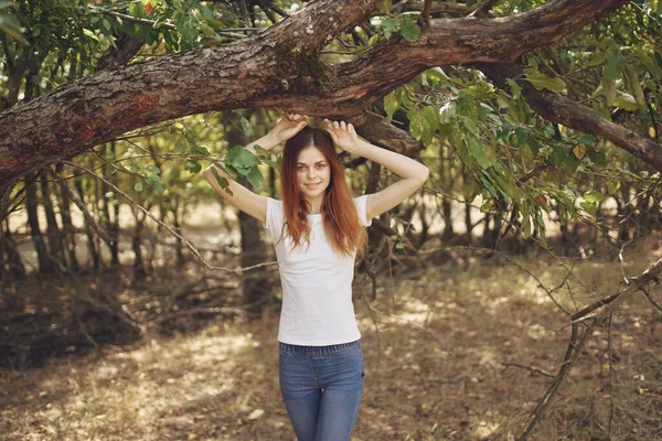 Bir kadın yaz bahçesinde ağaçların dallarına dokunuyor. — Stok fotoğraf