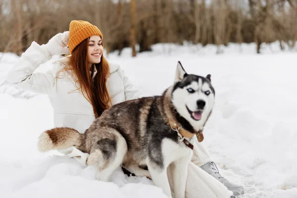 冬天，快乐的年轻女子带着狗在户外的田野里散步 — 图库照片