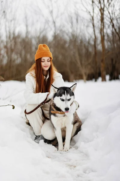 雪の中で犬と遊ぶ陽気な女性屋外の友情の冬の休日 — ストック写真