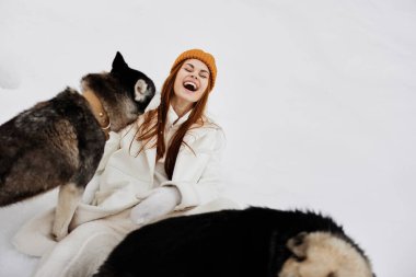 Karda bir kadının portresi köpeklerle oynuyor. Eğlenceli bir dostluk havası.