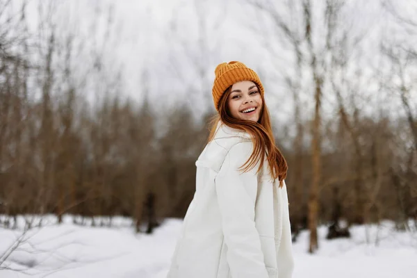 Portret van een vrouw Wandeling in de winter veld landschap outdoor entertainment frisse lucht — Stockfoto