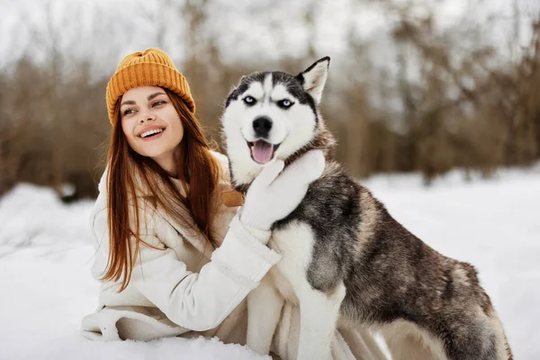 在雪地里和狗玩耍的女人友谊新鲜的空气 — 图库照片