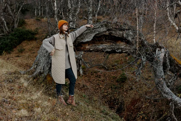 一个穿着秋天衣服的女人的肖像自然树旅行的生活方式 — 图库照片