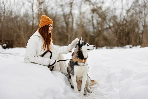 Porträt einer Frau, die im Winter mit Hund auf einem Feld spazieren geht. — Stockfoto