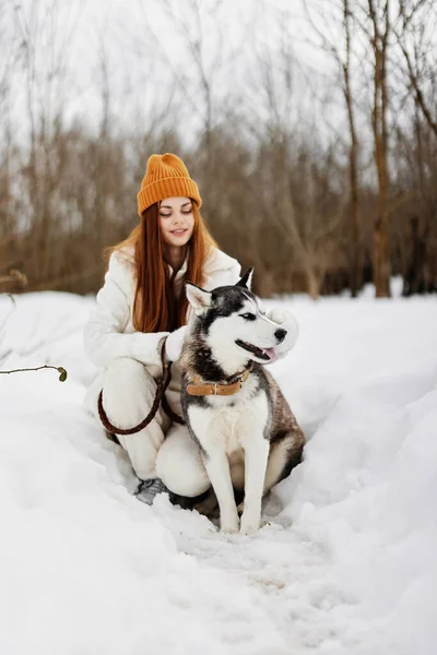 在雪地里与狗玩耍的快乐女人友谊寒假 高质量的照片 — 图库照片