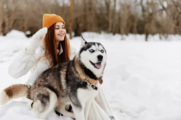 Ung Kvinna Utomhus Ett Fält Vintern Promenader Med Hund Vintersemester — Stockfoto