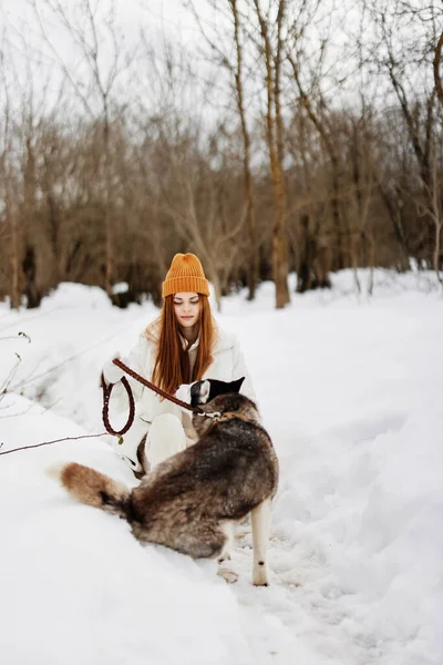 Ung kvinna i snön leker med en hund utomhus vänskap vinter semester — Stockfoto