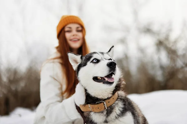 Frau mit reinem Hund Winterlandschaft Spaziergang Freundschaft frische Luft — Stockfoto