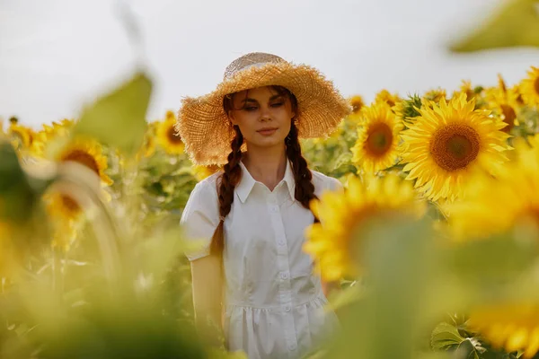 Woman Two Pigtails Walks Field Sunflowers Landscape High Quality Photo — Stock Photo, Image